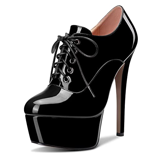 Saekcted Damen Stiletto Hoher High Plateau Plattform Absatz Heel Runde Zehenkappe Pumps Schnüren Schnürung Reißverschluss Sexy Schuhe Schwarz 36 EU von Saekcted