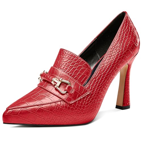Saekcted Damen Stiletto Hoher High Plateau Plattform Absatz Heel Spitze Zehenkappe Pumps Loafers Schuhe Slip-on Schnalle Büroschuhe 10 cm Heels Rot 39 EU von Saekcted
