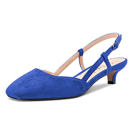 Saekcted Damen Stiletto Kitten Niedrige Absatz Heel Geschlossene Eckige Zehenkappe Sandalen Slingback Slip-on Pumps Hochzeit Büroschuhe Dress 3.5 cm Heels Blau Wildleder 42 EU von Saekcted