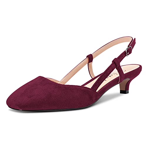 Saekcted Damen Stiletto Kitten Niedrige Absatz Heel Geschlossene Eckige Zehenkappe Sandalen Slingback Slip-on Pumps Hochzeit Büroschuhe Dress 3.5 cm Heels Burgund Rot 42 EU von Saekcted