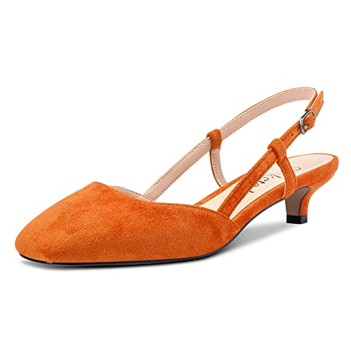 Saekcted Damen Stiletto Kitten Niedrige Absatz Heel Geschlossene Eckige Zehenkappe Sandalen Slingback Slip-on Pumps Hochzeit Büroschuhe Dress 3.5 cm Heels Orange Wildleder 42 EU von Saekcted