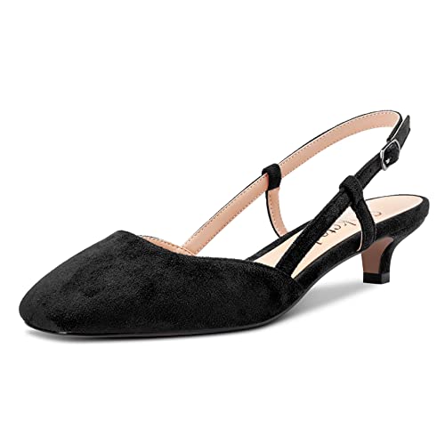 Saekcted Damen Stiletto Kitten Niedrige Absatz Heel Geschlossene Eckige Zehenkappe Sandalen Slingback Slip-on Pumps Hochzeit Büroschuhe Dress 3.5 cm Heels Schwarz Wildleder 41 EU von Saekcted