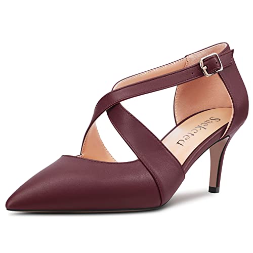 Saekcted Damen Stiletto Mittlerem Absatz Heel Spitze Zehenkappe Pumps Kreuzriemen Schnalle Hochzeit Cute 6.5 cm Heels Burgund Rot A 39 EU von Saekcted