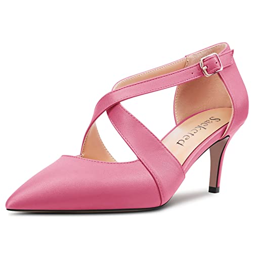 Saekcted Damen Stiletto Mittlerem Absatz Heel Spitze Zehenkappe Pumps Kreuzriemen Schnalle Hochzeit Cute 6.5 cm Heels Rosa A 39 EU von Saekcted