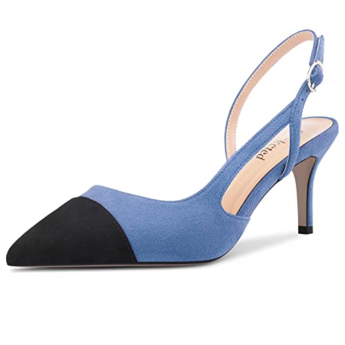 Saekcted Damen Stiletto Mittlerem Absatz Heel Spitze Zehenkappe Sandalen Slingback Patchwork Abschlussball Dress 6.5 CM Heels Blau Mehrfarbig 42 EU von Saekcted