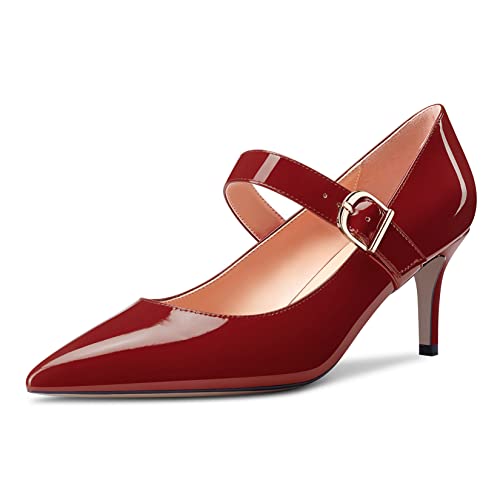 Saekcted Damen Stiletto Mittlerem Kitten Absatz Heel Spitze Zehenkappe Pumps Mary Jane Slip-on Dress Schuhe 6.5 cm Heels Burgund Rot 38 EU von Saekcted