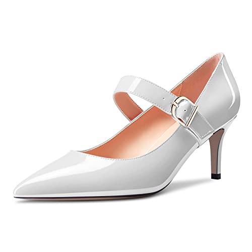 Saekcted Damen Stiletto Mittlerem Kitten Absatz Heel Spitze Zehenkappe Pumps Mary Jane Slip-on Dress Schuhe 6.5 cm Heels Weiß 45 EU von Saekcted