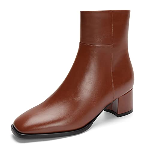 Saekcted Warme Damen-Stiefeletten, klobiger Blockabsatz, niedriger Absatz, Stiefel mit Reißverschluss, quadratische Zehenpartie, Chelsea Bootie, braun, 39 EU von Saekcted