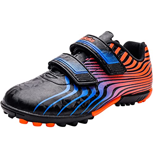 Saekeke Fussballschuhe Kinder TF Fußballschuhe Jungen Mädchen Low-Top rutschfest Trainingsschuhe mit Doppelter Klettverschluss S2113 Schwarz Blau Orange EU31 von Saekeke