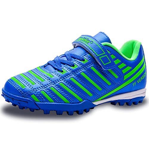 Saekeke Fußballschuhe Kinder TF mit Klettverschluss Fussballschuhe Jungen Mädchen Outdoor rutschfest Sport Trainingsschuhe S2129 Blau Grün EU31 von Saekeke