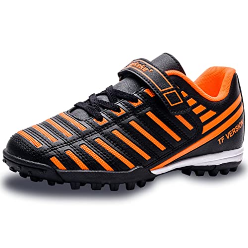 Saekeke Fußballschuhe Kinder TF mit Klettverschluss Fussballschuhe Jungen Mädchen Outdoor rutschfest Sport Trainingsschuhe S2129 Schwarz Orange EU31 von Saekeke