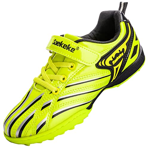 Saekeke Fussballschuhe Kinder TF Fußballschuhe Jungen Mädchen Soccer Turf Fussball Klettverschluss rutschfest Trainingschuhe Lemon Yellow 33 EU von Saekeke