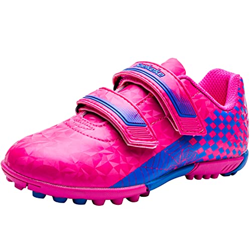 Saekeke Fussballschuhe Kinder TF Fußballschuhe Jungen Mädchen Low-Top rutschfest Trainingsschuhe mit Doppelter Klettverschluss S2112 Pink Blau 27EU von Saekeke