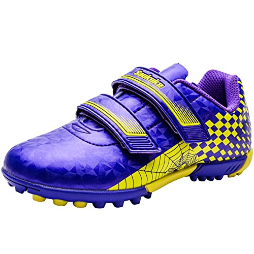 Saekeke Fussballschuhe Kinder TF Fußballschuhe Jungen Mädchen Low-Top rutschfest Trainingsschuhe mit Doppelter Klettverschluss S2112 Violett Gelb 27EU von Saekeke