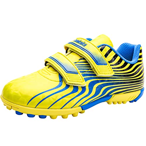 Saekeke Fussballschuhe Kinder TF Fußballschuhe Jungen Mädchen Low-Top rutschfest Trainingsschuhe mit Doppelter Klettverschluss S2113 Gelb Blau EU30 von Saekeke