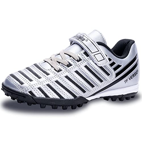 Saekeke Fußballschuhe Kinder TF mit Klettverschluss Fussballschuhe Jungen Mädchen Outdoor rutschfest Sport Trainingsschuhe S2129 Silber Schwarz EU28 von Saekeke