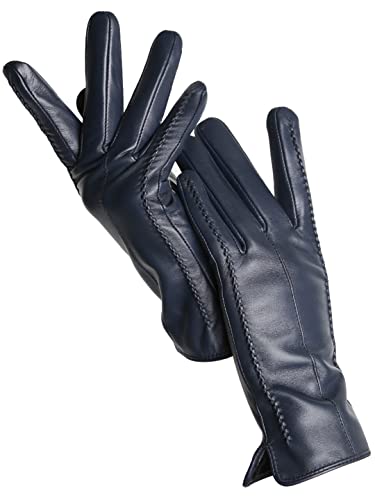 Damen Schaffell Handschuhe Winter Warm Plus Samt Kurz Dünn Touchscreen Fahren Lederhandschuhe, Dunkelblauer Touch, 6.5 von Saeohnssty