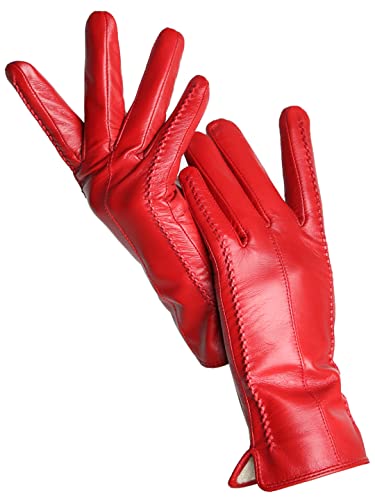 Damen Schaffell Handschuhe Winter Warm Plus Samt Kurz Dünn Touchscreen Fahren Lederhandschuhe, Rot Standard, 6.5 von Saeohnssty