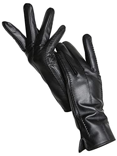 Damen Schaffell Handschuhe Winter Warm Plus Samt Kurz Dünn Touchscreen Fahren Lederhandschuhe, Schwarz Standard, 8.5 von Saeohnssty