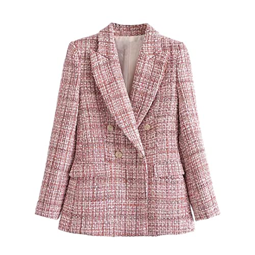 Saeohnssty Damen-Blazer, zweireihig, Tweed, kariert, Vintage-Damen-Oberbekleidung und hohe Taille mit Gürtel, Minirock, Pinkes Oberteil, 34 von Saeohnssty