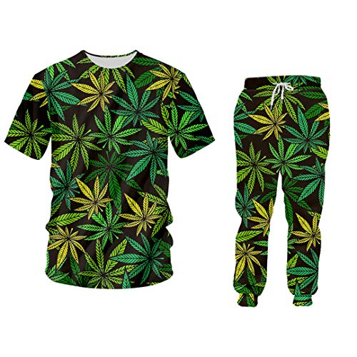 Saeohnssty Lässige Hoodies Und Hosen, Grünes Hanfblatt, Weed 3D, 2-Teiliges Set, Kapuzenpullover, Herren- Und Damen-Trainingsanzug von Saeohnssty