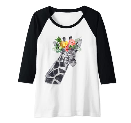 Damen Giraffe mit Blumenkranz | Wildtier Aquarell Gemälde Raglan von Safari Animals | African Wildlife Animals