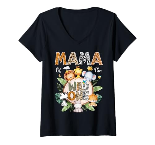 Damen Mama of The Wild One First Birthday Safari Dschungeltier T-Shirt mit V-Ausschnitt Damen Mama of The Wild One First Birthday Safari Dschungeltier T-Shirt mit V-Ausschnitt von Safari Jungle 1St Birthday Family Matching