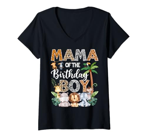 Damen Mama of The Birthday Boy Safari Dschungel Bday Party T-Shirt mit V-Ausschnitt von Safari Lover Birthday Boy Family Matching
