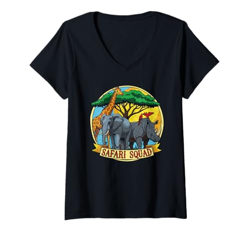 Damen Safari Squad Familienurlaub Wildtier Retro Nashorn Liebhaber T-Shirt mit V-Ausschnitt Damen Safari Squad Familienurlaub Wildtier Retro Nashorn Liebhaber T-Shirt mit V-Ausschnitt von Safari Squad Family trip collection