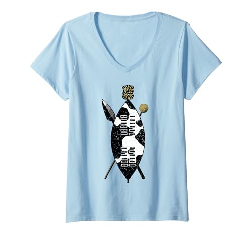 Damen Zulu Schild Kuhfell Speer Knobkerrie Zulu Krieger Halloween T-Shirt mit V-Ausschnitt Damen Zulu Schild Kuhfell Speer Knobkerrie Zulu Krieger Halloween T-Shirt mit V-Ausschnitt von Safari Squad