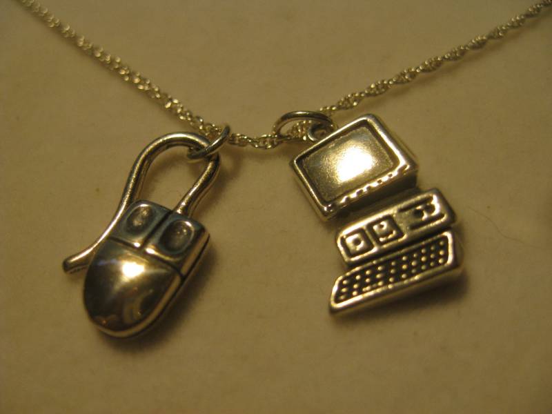 Computer & Mouse Old Style Anhänger in .925 Sterling Silber Und Weizen 16" Kette Mit 2" Erweiterung von SafePortJewelers