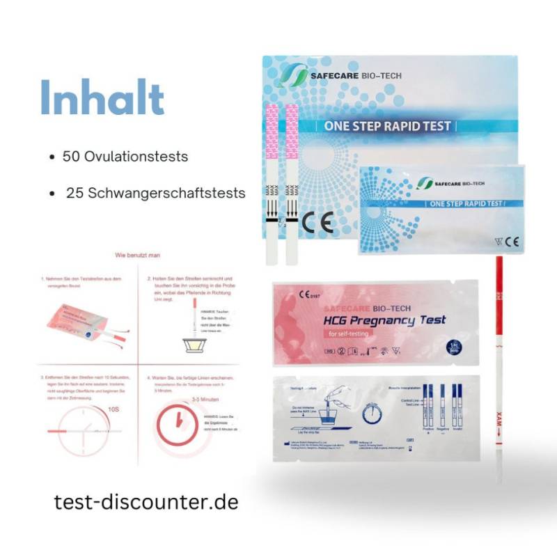 Safecare Bio-Tech Schwangerschaftstest SAFECARE Kombipackung: 50 Ovulationstests & 25 Schwangerschaftstests, Streifen 75-St., Geeignet für die Eigenanwendung durch Privatpersonen. von Safecare Bio-Tech