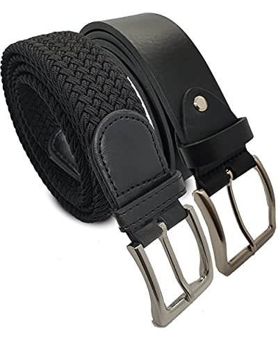 Komfortabel Elastische Geflochtener Stretch Gürtel - Stretchbelt - Stoffgürtel - Gürtel Flecht - Damen und Herren (90 B.W. = Gesamtlänge 105 Cm., Schwarz mit Leder Gürtel) von Safekeepers