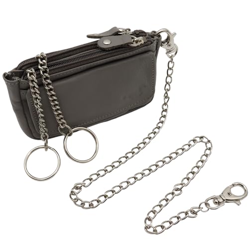 Safekeepers Schlüsseletui Leder Klein - Schlüsseltasche mit Reißverschluss Damen und Herren, Mini Schlüsselmäppchen für Autoschlüssel - Grau mit Kette von Safekeepers