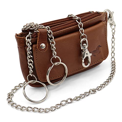 Safekeepers Schlüsseletui Leder Klein - Schlüsseltasche mit Reißverschluss Damen und Herren, Mini Schlüsselmäppchen für Autoschlüssel - Braun mit Kette von Safekeepers
