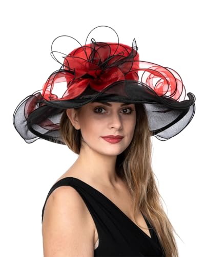 SAFERIN Fascinator für Damen, Organza, Kirche, Braut, Teeparty, Hochzeit, Hut, mehrfarbig (SF9-Schwarzrot), Sf9, Schwarz, Rot, M/L von Saferin