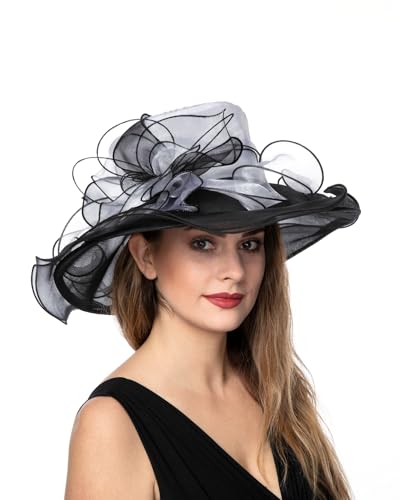 SAFERIN Fascinator für Damen, Organza, Kirche, Braut, Teeparty, Hochzeit, Hut, mehrfarbig (SF9-Weiß-Schwarz), Sf9-Weiß, Schwarz, M/L von Saferin