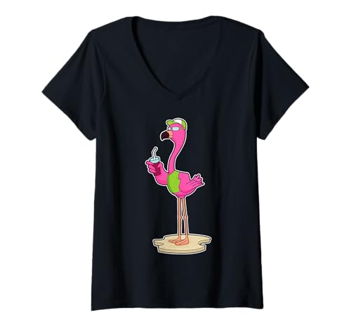 Damen Flamingo Strand Getränk Sommer T-Shirt mit V-Ausschnitt Damen Flamingo Strand Getränk Sommer T-Shirt mit V-Ausschnitt von Strand Sommer