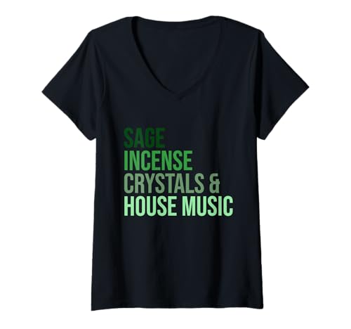 Damen Salbei Räucherstäbchen Kristalle & Hausmusik Bekleidung T-Shirt mit V-Ausschnitt von Sage Incense Crystals & House Music