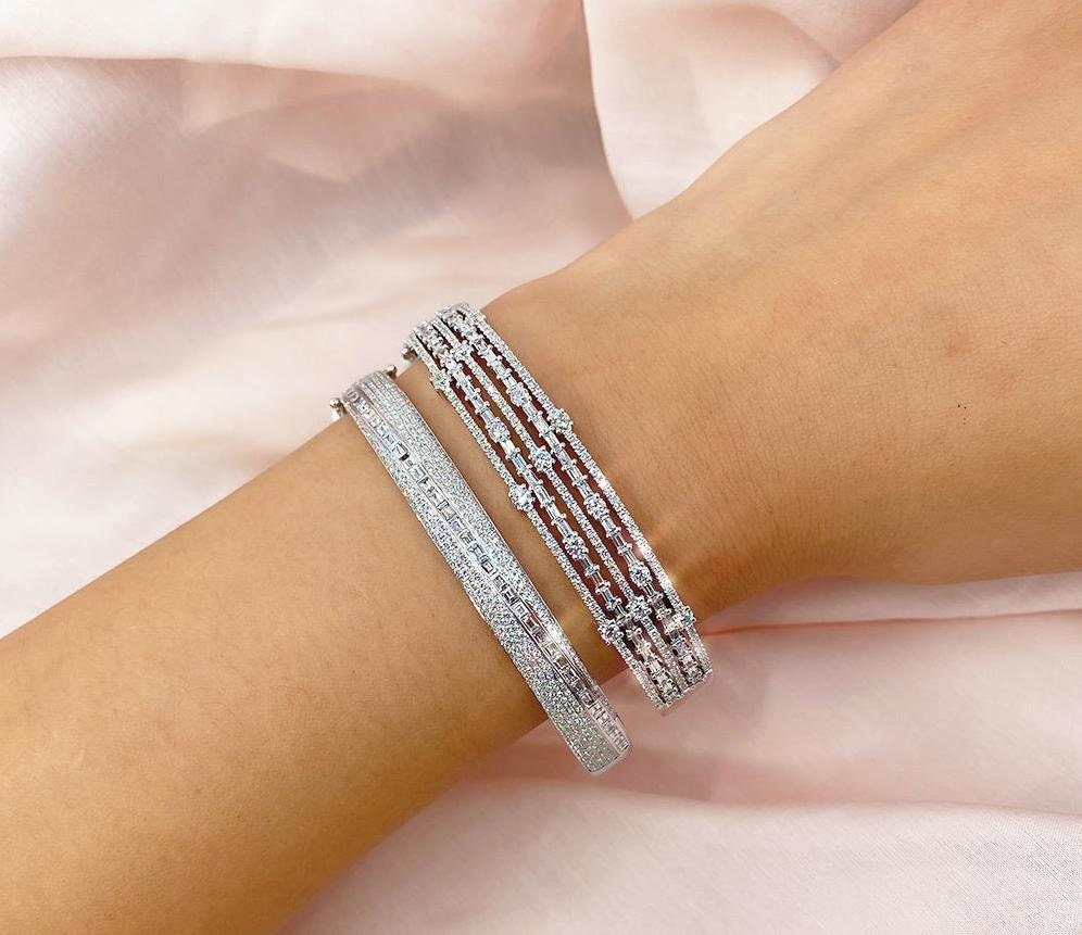 14K Weißgold Mehrreihiges Armband Diamant Baguette Rund Stapelbar Breiter Verschluss Natur Konfliktfrei Geschenk Für Sie Zertifiziert von SageDesignsLA