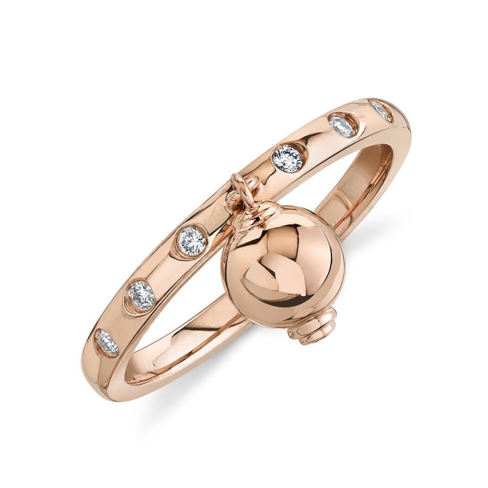 Baumeln Deiche Ball Diamant Ring 14K Rose Gold Lünette Set Band Womens Statement Rechte Hand Cocktail 0, 09Ct Runde Geschnitten Natürliches von SageDesignsLA