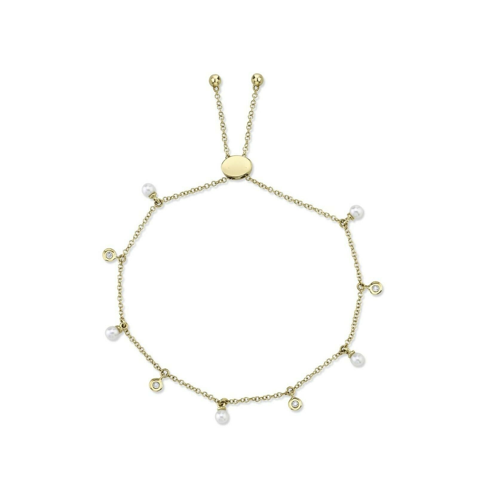 Perle Diamant Bolo Armband 14K Gelbgold Shaker Lünette Set Dangling Verstellbar von SageDesignsLA