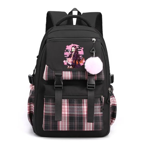 Anime Demon Tanjiro Nezuko Slayers Campus Schulranzen Ergonomischem Design Schultasche mit Haarballen-Anhänger für Damen Mädchen von Sageam