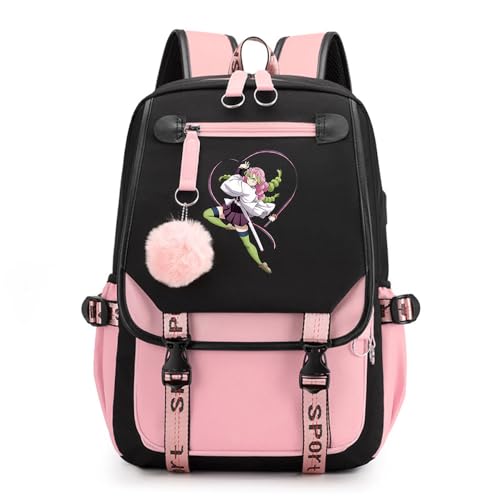 Anime Demon Tanjiro Nezuko Slayers Modisch Schule Bag Freizeitrucksäcke Frauen Schultaschen mit Haarballen-Anhänger für Damen Mädchen von Sageam
