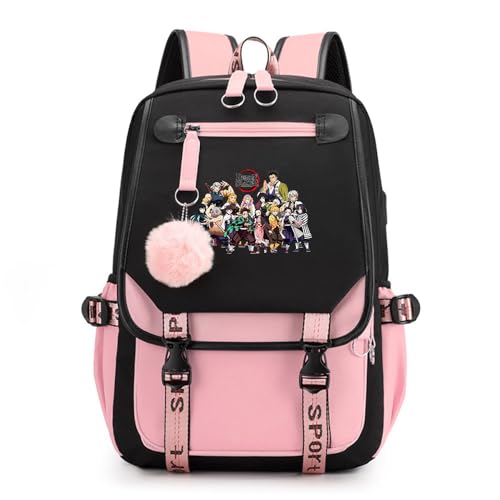 Anime Demon Tanjiro Nezuko Slayers Modisch Schule Bag Freizeitrucksäcke Frauen Schultaschen mit Haarballen-Anhänger für Damen Mädchen von Sageam