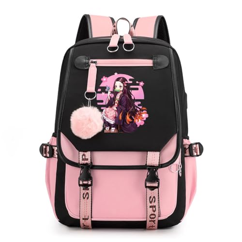 Anime Demon Tanjiro Nezuko Slayers Modisch Schule Bag Freizeitrucksäcke Frauen Schultaschen mit Haarballen-Anhänger für Damen Mädchen von Sageam