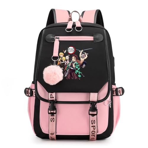 Anime Demon Tanjiro Nezuko Slayers Modisch Schule Bag Freizeitrucksäcke Frauen Schultaschen mit Haarballen-Anhänger für Damen Mädchen von Sageam