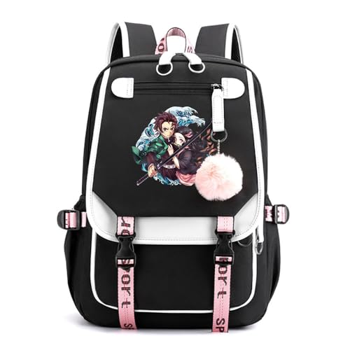Anime Demon Tanjiro Nezuko Slayers Modisch Schule Bag Freizeitrucksäcke Frauen Schultaschen mit Haarballen-Anhänger für Damen Mädchen von Sageam