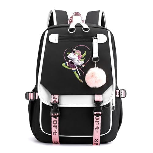Anime Demon Tanjiro Nezuko Slayers Modisch Schule Bag Freizeitrucksäcke Frauen Schultaschen mit Haarballen-Anhänger für Damen Mädchen von Sageam
