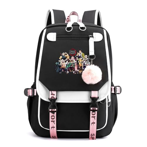 Anime Demon Tanjiro Nezuko Slayers Modisch Schule Bag Freizeitrucksäcke Frauen Schultaschen mit Haarballen-Anhänger für Damen Mädchen von Sageam